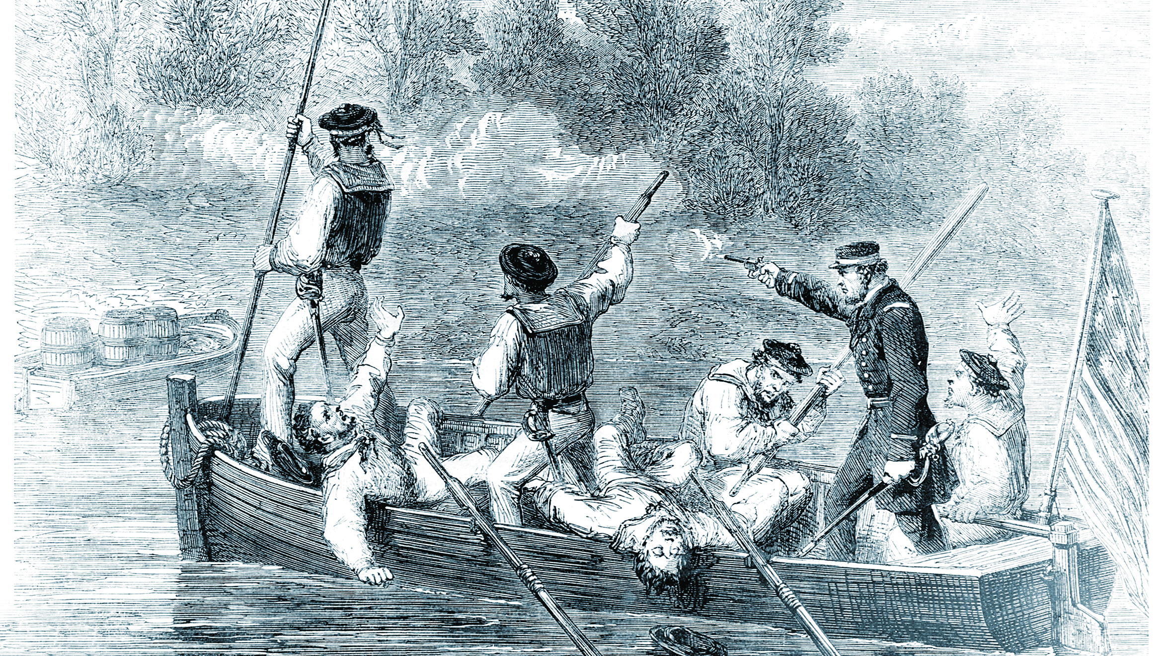 Ambushes by Confederate forces, as depicted in this Illustrated London News sketch, were a common concern for Union boat crews early in teh war. (Naval History and Heritage Command)