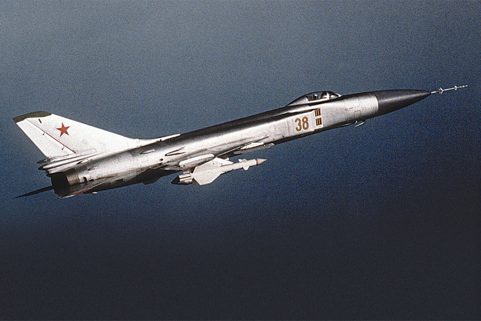 The airliner was slated to stop for refueling in Anchorage, Alaska, but over Ellesmere Island began to turn east and south, after which it was intercepted over Soviet territory by a Sukhoi Su-15TM like this one armed with R-98MR air-to-air missiles. (Department of Defense)