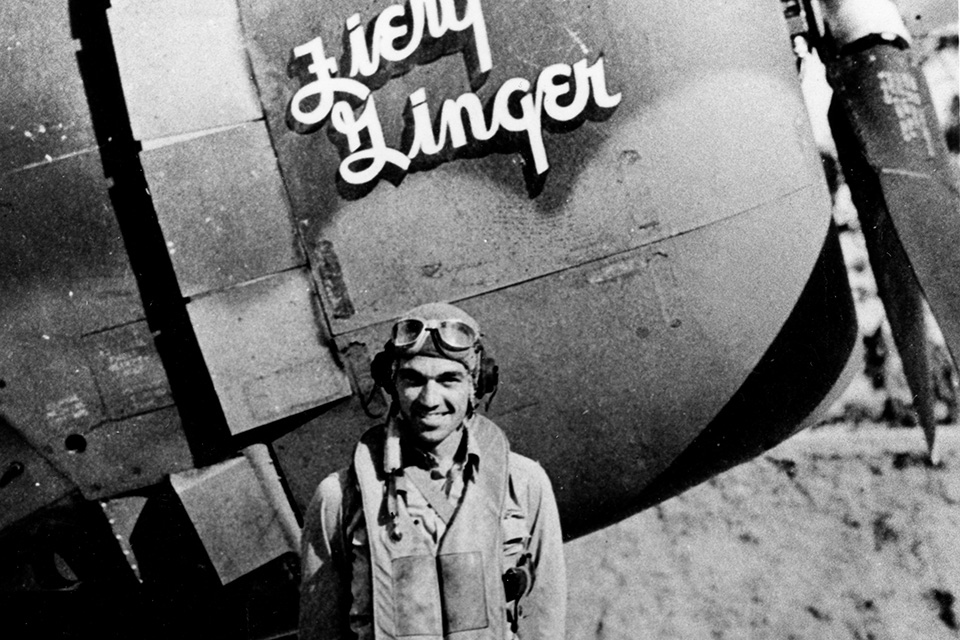 Kearby poses with his P-47D-2, the first "Fiery Ginger." (Courtesy of John Stanaway)