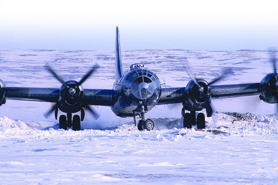 After repairs, the B-29 breaks free of the ice and snow for the first time in 48 years on May 26, 1995. (Tim Wright via Getty Images)
