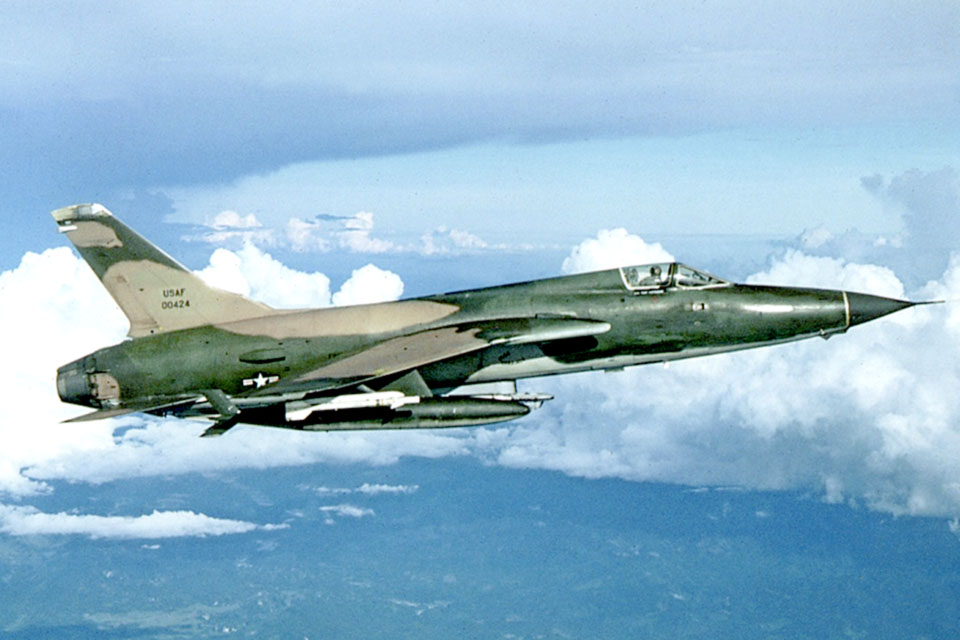 Returning from a bombing run against the Bac Giang railroad bridge on June 3, 1967, Major Ralph L. Kuster Jr. of the 34th Tactical Fighter Squadron still carries his auxiliary tanks and unfired AIM-9B air-to-air missiles. (U.S. Air Force)