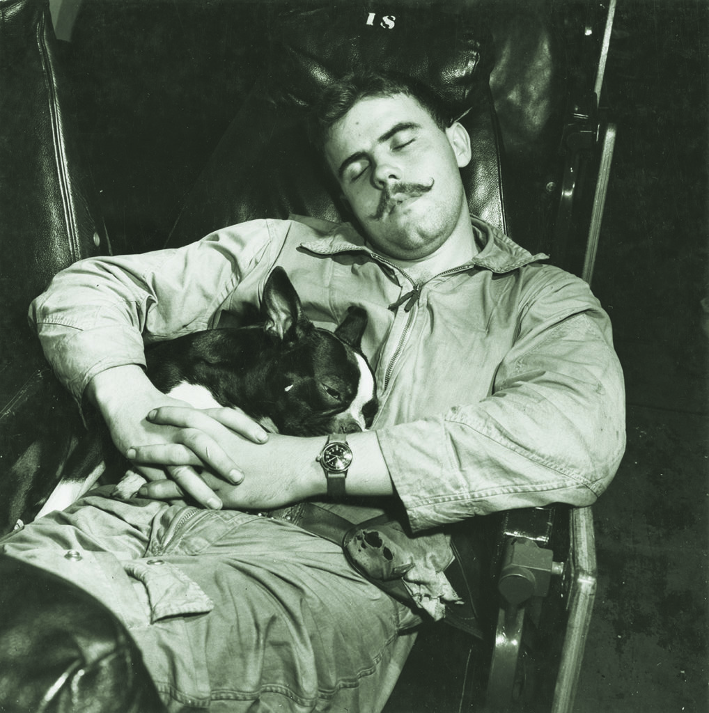  A peaceful pair, Lieutenant (j.g.) H. Blake Moranville and Fighter Squadron 11’s mascot, Gunner, nap in a Hornet ready room in early January 1945. Days later, on January 12, Moranville—an ace credited with six kills—was shot down over Saigon and captured. He later successfully escaped to China. Man and dog had been inseparable before then. (Charles E. Kerlee/U.S. Navy)
