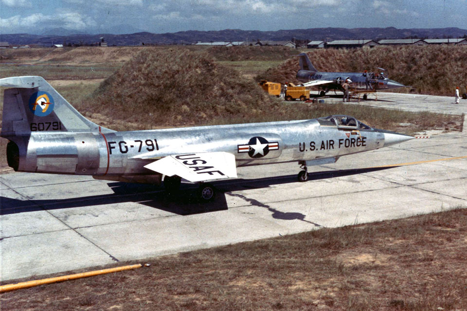 In September 1958, newly operational F-104As of the 83rd Fighter-Interceptor Squadron await their next mission in revetments at Taeyan Air Base, Taiwan. (U.S. Air Force)
