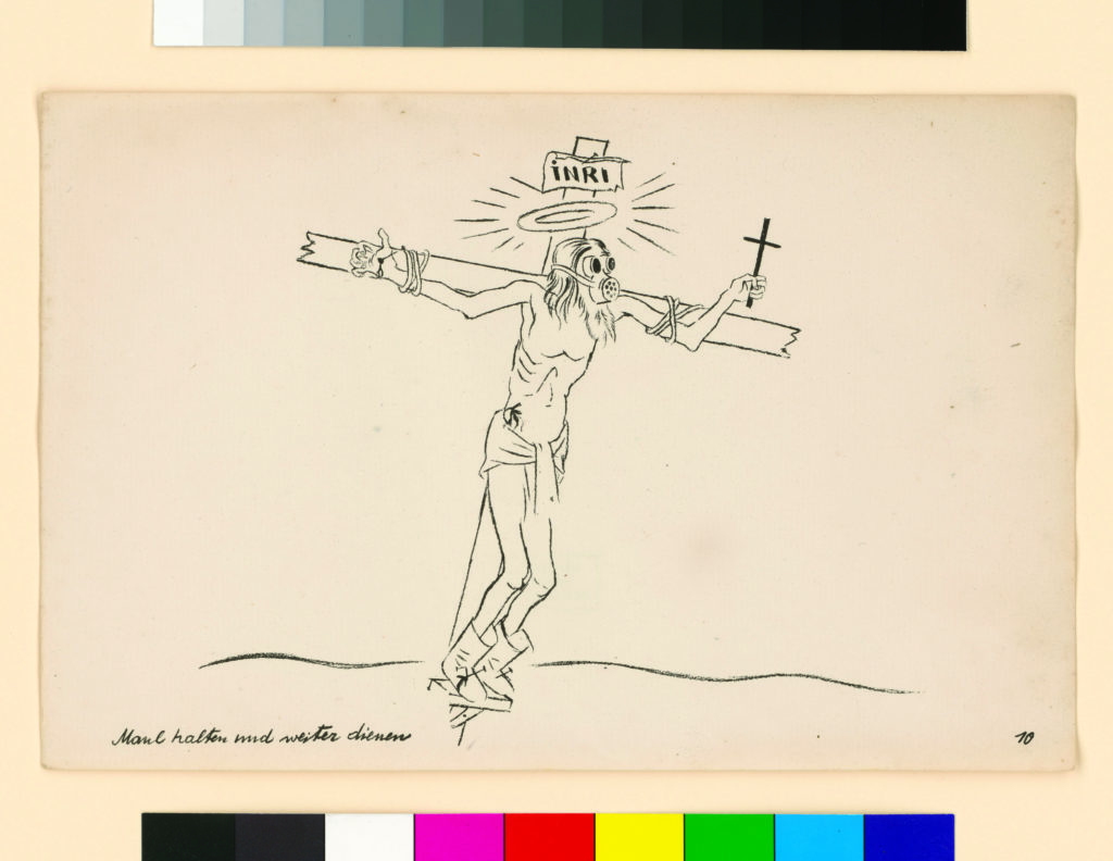SHUT UP AND DO YOUR DUTY (1927): One of Grosz’s most misunderstood and controversial works depicts a crucified Jesus wearing a gas mask and combat boots. In 1930 the artist was tried for blasphemy; his supporters, though, knew the artist, a Christian, was deeply disturbed by the prospect of mixing religion with war. Grosz even earned the support of American Quakers, who defended his push for pacifism. (bpk Bildagentur/Kufferstichkabinett, Staatliche Museen, Berlin, Germany/Art Resource, NY)