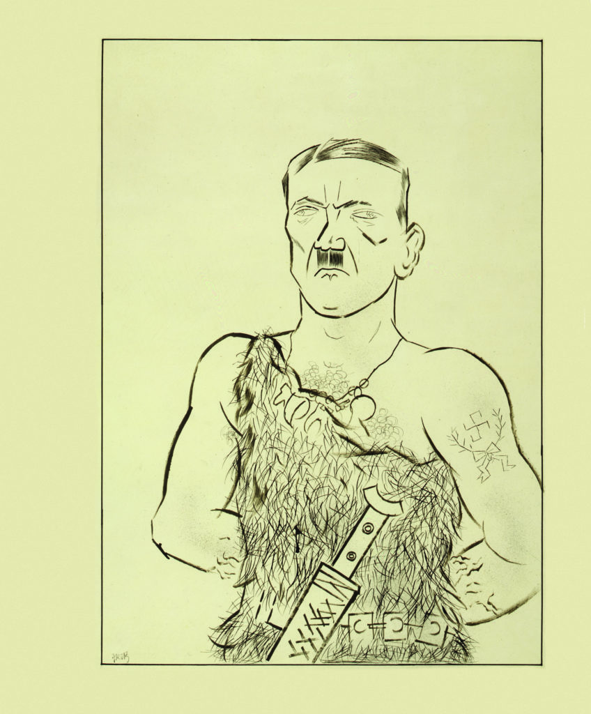 HITLER THE SAVIOR (1923): Grosz sounded the alarm about Hitler early on. Roughly a decade before Hitler came to power, the artist parodied the future Führer, obsessed with Teutonic warriors, as the hyperbole of the archetypical Aryan fighting man, with a muscular physique far unlike his actual build. Grosz took the drawing's title from Hitler's supporters, who had brazenly compared him to Christ. (Harvard Art Museums/Busch-Reisinger Museum, Gift of Erich Cohn, © Estate of George Grosz/Licensed by VAGA, New York, NY)