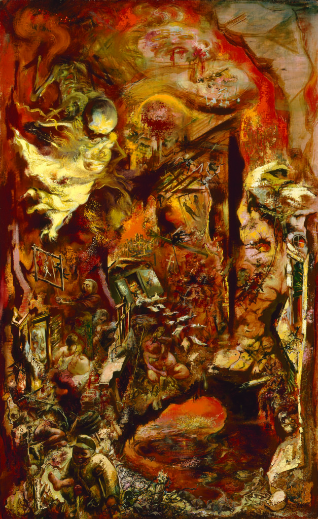 THE PIT (1946): Created after the artist fled Germany for the U.S., this five-by-three-foot work was, to Grosz, the most significant of his American-made paintings. In the lower left corner, a maimed German soldier carries his own leg under one arm; around him nightmarish scenes swirl. "My drawings and paintings were done as an act of protest," Grosz once wrote. "I was trying by means of my work to convince the world that it is ugly, sick, and hypocritical." (Wichita Art Museum, Roland P. Murdock Collection) 