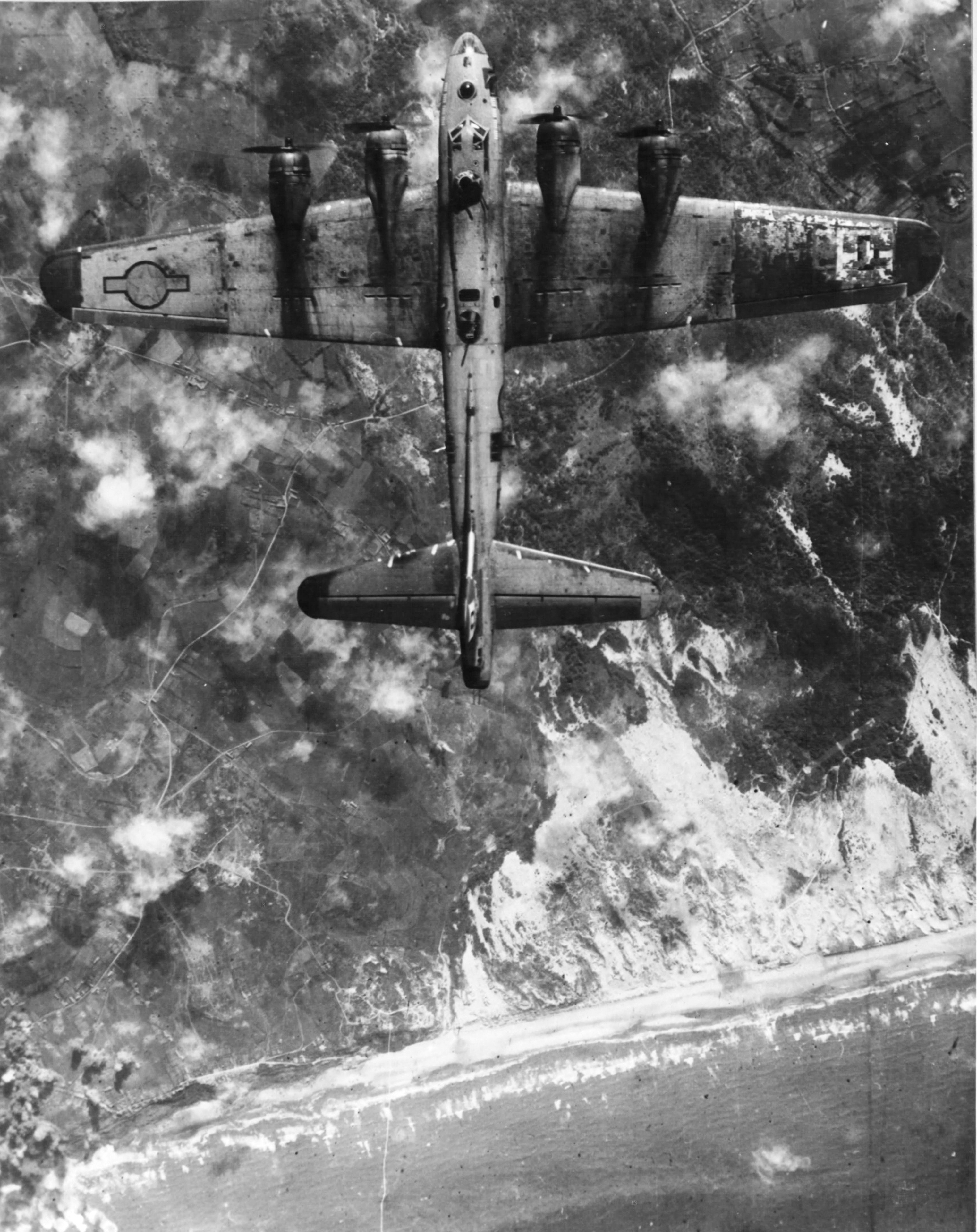  A B-17 pounds the French coast on June 5, 1944. (National Archives)