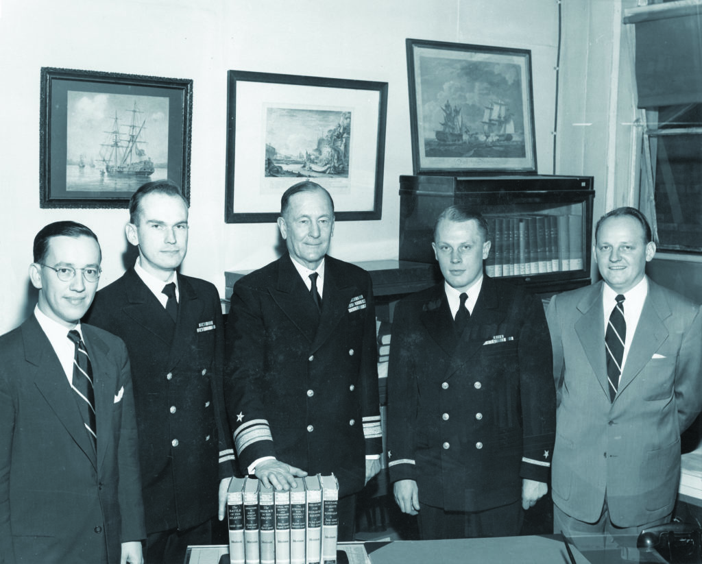Lundeberg collaborated with admiral and historian Samuel Eliot Morison (center, above); Lundeberg is second from left. (Smithsonian Institution Archives/Accession 008-003, Box 1/Philip K. Lundeberg Papers)