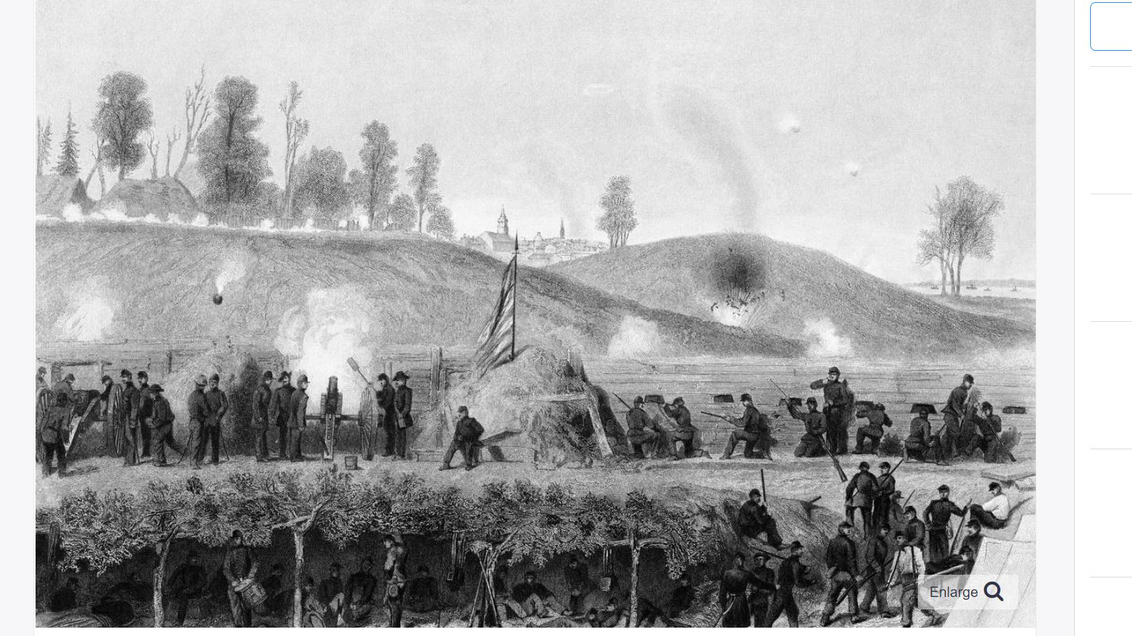Union forces in the siege lines around Vicksburg. with sappers preparing tunnels and batteries bombarding the Confederate works. (ClassicStock/Alamy Stock Photo)