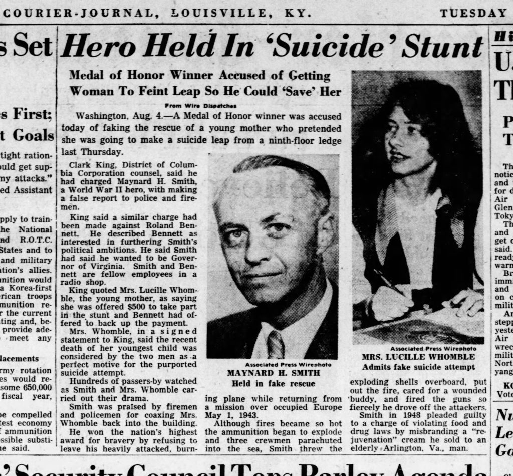 A 1952 effort to credit Smith with a second heroic act backfired when the “rescue” was revealed as a fake, with a paid damsel in distress. (From The Courier-Journal. © 2020 Gannett-Community Publishing. All rights reserved. Used under license/AP wire)