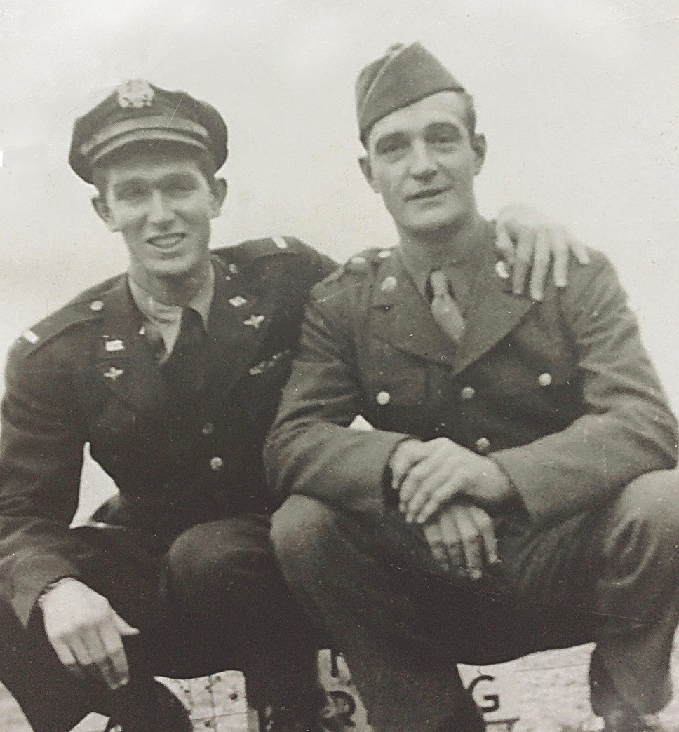 Joe Pinder (right) with his brother, Hal, a first lieutenant and bomber pilot, at an airfield in England in 1943. (Soldiers & Sailors Museum & Memorial Trust, INC. Pittsburg, Pennsylvania)