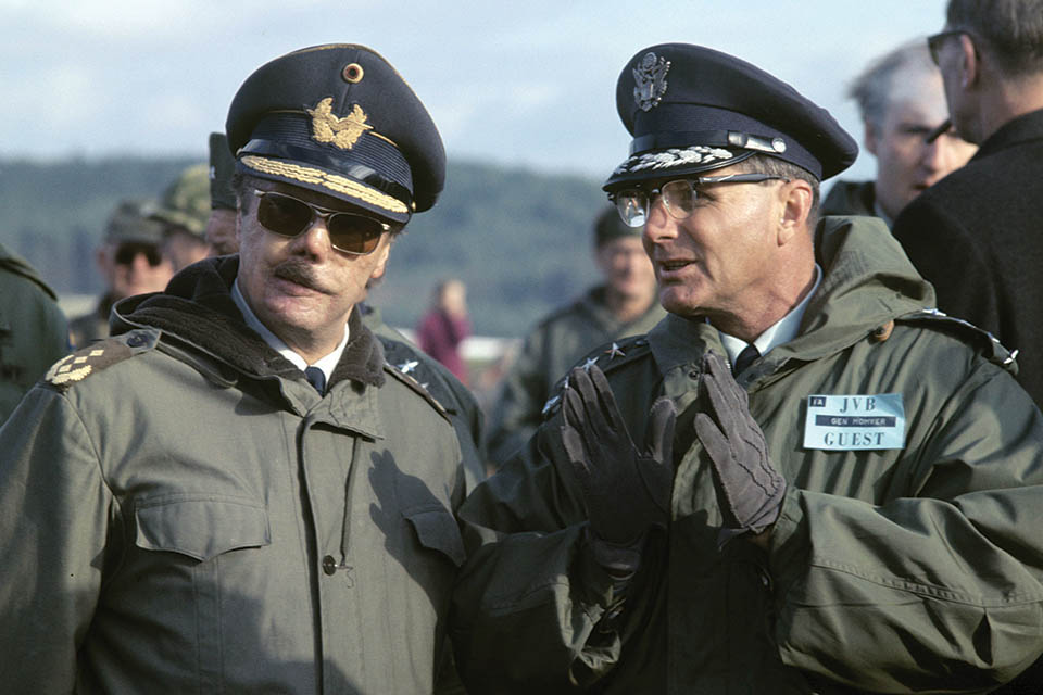 Johannes “Macky” Steinhoff (left) and American General William W. Momyer attend a joint NATO maneuver in 1969. (Photo by Karl Schnörrer/picture alliance via Getty Images)