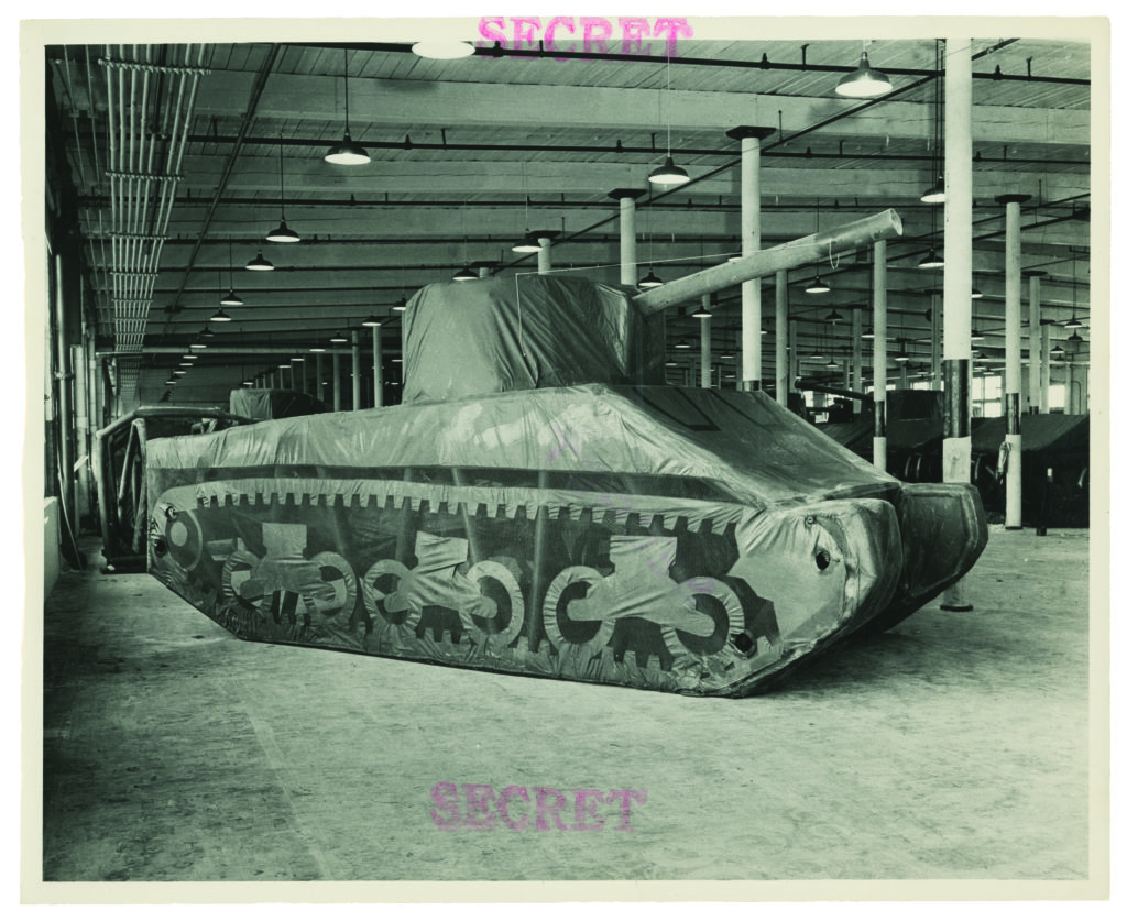 Up close, one of the Ghost Army’s inflatable tanks—a framework of inflatable tubes supporting a rubberized canvas overlay—would fool no one. But from about a quarter-mile away it looked every bit the M4 Sherman. It and other visual deceptions were the work of the 603rd Camouflage Engineering Battalion, consisting of individuals recruited for artistic talent and high IQ. 