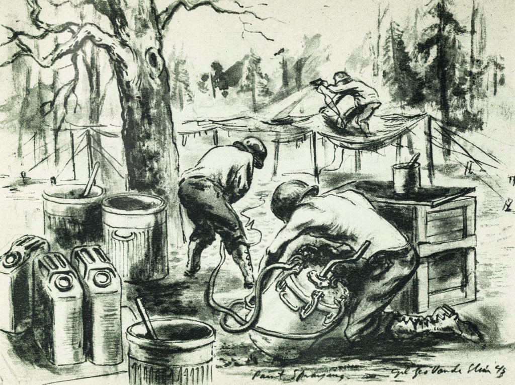 In the pen-and-ink sketch above, by Ghost Army artist George Vander Sluis, two men ready a paint container while another spray paints fabric for an upcoming deception. 