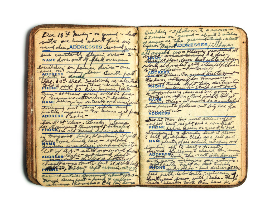 Soldiers and sailors were forbidden from carrying diaries during the war; the Ghost Army’s Robert R. Tomkins, an artist and jeep driver, opted to keep one anyway, gambling that its small size—2” by 3” and 56 pages—would make it easier to conceal. An entry from September 16, 1944, when Bob was in Luxembourg near the German border, describes one deception setup: “Last night moved up about 1 1/2 miles and pulled into heavy woods about 3 o’cl. Tanks moving all around us. Woke early. Sewed on patches. Set up tanks. Built fires simulating armored infantry battalion. Truck goes out every hour into village on atmosphere.”