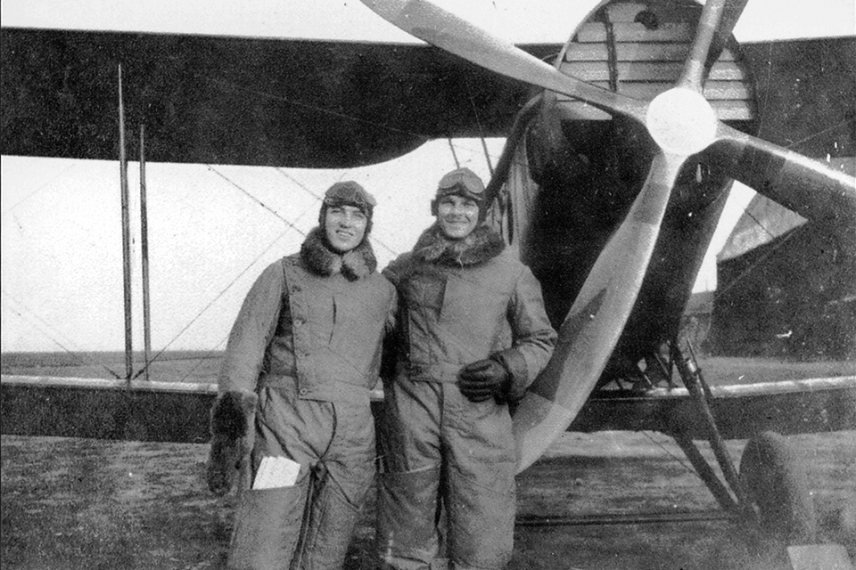 Lieutenants Andrew McKeever and Harry Gowans Kent pose before F.2B A-7121 in October 1918. (H.G. Kent via Stuart K. Taylor)