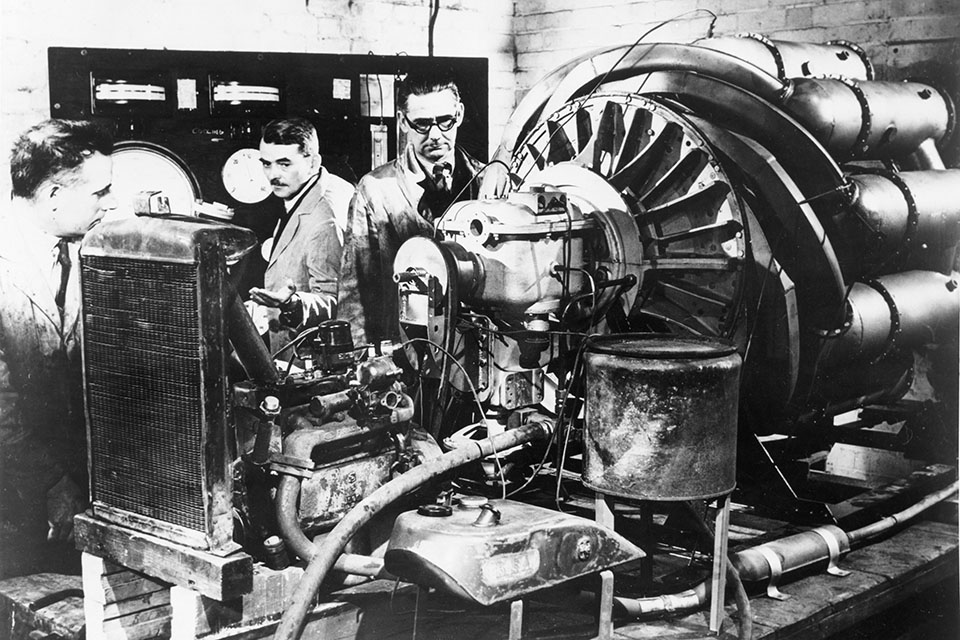Joining the Royal Air Force as an apprentice, Flying Officer Frank Whittle (center) still had to form his own company, Power Jets Ltd., in order to to develop his new jet engine. (SSPL/Getty Images)