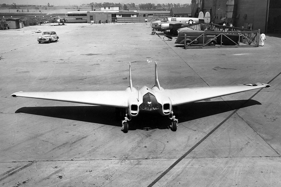 Contrasting with the conservative approach that predominated among American jet builders was John K. Northrop’s XP-79B, a flying wing with movable wingtip vanes for control, a partial magnesium airframe and a prone pilot’s position. (National Archives)