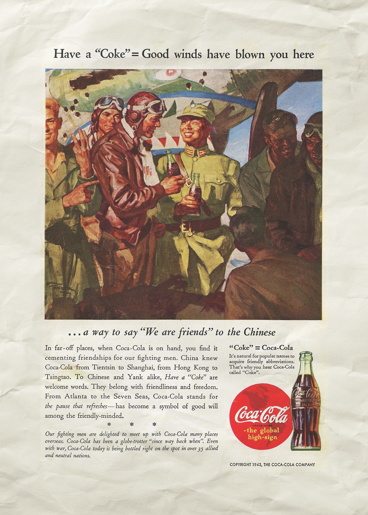  A 1943 magazine ad touts Coke as “the global high-sign” for American fighting men overseas.(Advertising Archives/Bridgeman Images) 