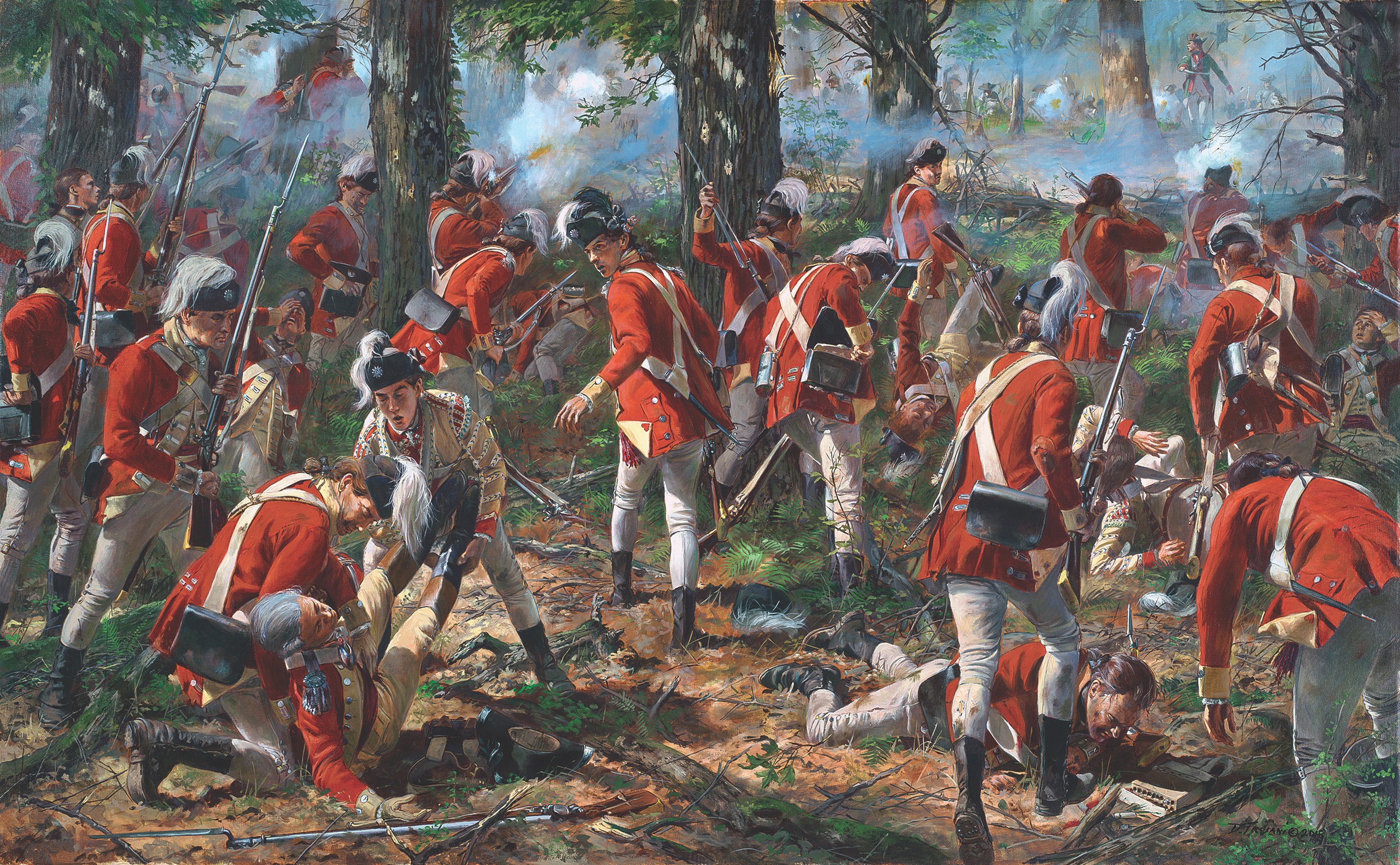 At the Battle of Freeman’s Farm, near Saratoga, Burgoyne’s forces ran into a punishing assault by Colonel Daniel Morgan and his riflemen and suffered 600 casualties—double the American toll. (Don Troiani/Bridgeman Images) 