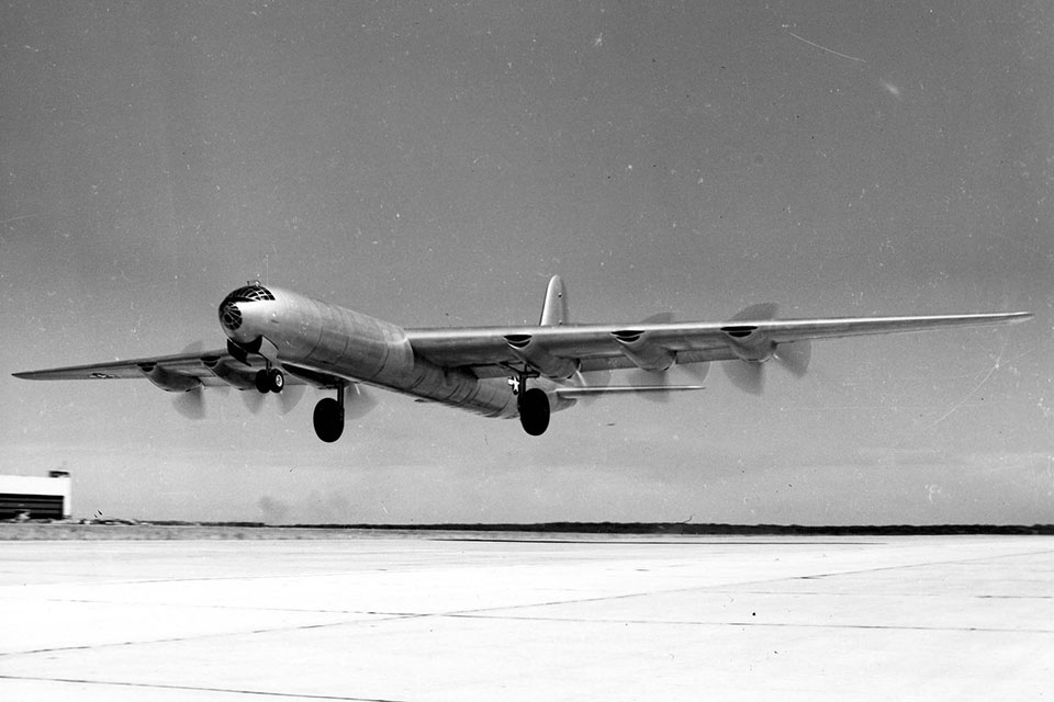 The prototype Consolidated-Vultee XB-36, lifts off the runway for the first time at Fort Worth, Texas. (U.S. Air Force)