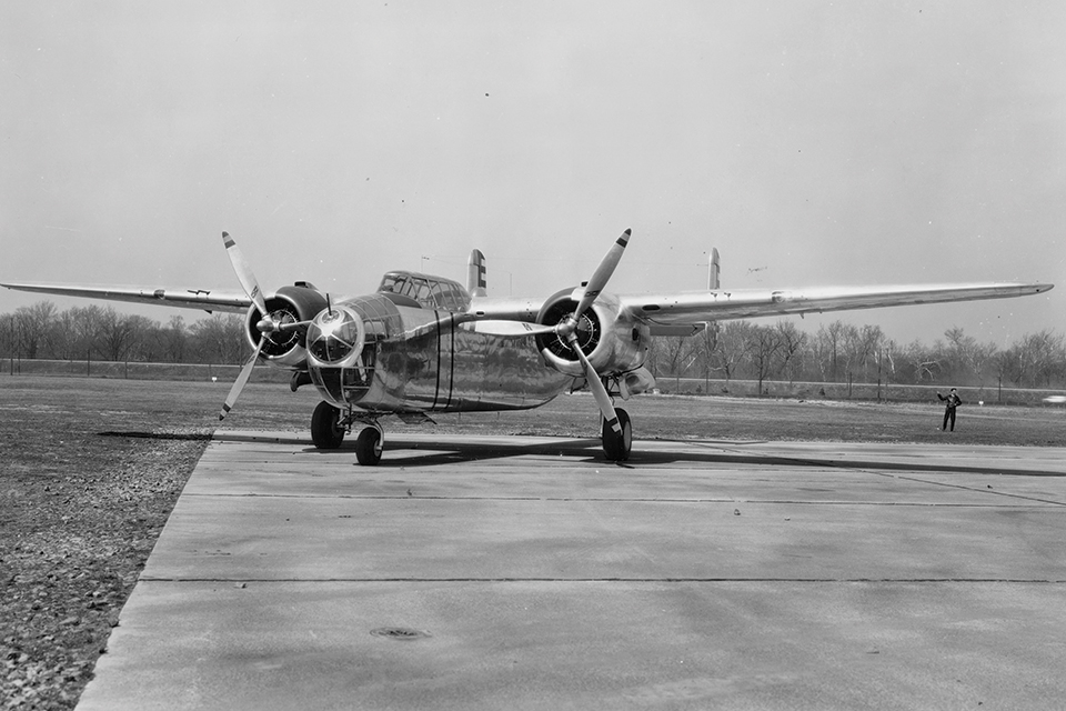 North American Aviation’s original prototype, the NA-40 featured a dihedral wing design that was discarded early in the B-25’s development. (National Archives)