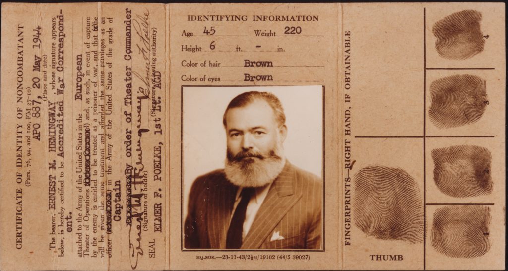 Issued in May 1944, an identification card certified Hemingway’s status as a war correspondent—a position his own actions later imperiled. (Ernest Hemingway Collection/John F. Kennedy Presidential Library and Museum, Boston)