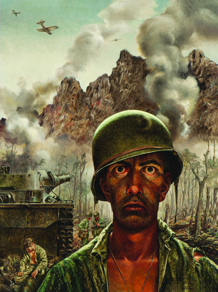 THAT 2,000 YARD STARE (1944): Lea’s portrait of an unnamed Marine on Peleliu is one of the most compelling portrayals of combat-related psychological trauma captured by an artist. “He was wounded in his first campaign,” Lea wrote. “He half-sleeps at night and gouges Japs out of holes all day. Two-thirds of his company has been killed or wounded…. How much can a human being endure?” 