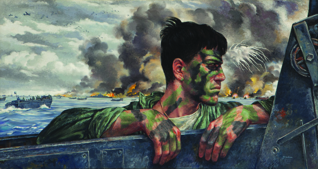 GOING IN (1944): The decision to battle the Japanese on Peleliu, an island of questionable military value, was controversial from the start. Some critics saw Lea’s painting of a bold Marine ready to hit the beach (opposite, bottom) as an exercise in jingoism. Lea bristled at the idea that he was simply a propagandist. “I wasn’t lying—it was what I saw,” the artist told an interviewer in 1994. “It’s a point of pride with me that I painted exactly what I saw during the war.”