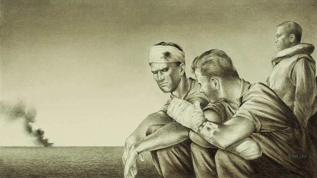 THE LAST LOOK (1943): Part of a series of 18 images chronicling the sinking of the USS Hornet, Lea depicted three rescued crewmen, one unable to look as the carrier slips below the horizon (opposite, bottom). The images were one of the rare instances when Lea portrayed something he did not personally witness; he instead relied on memories of his earlier time onboard the carrier and the stories of shipmates who survived the doomed ship’s final day. 