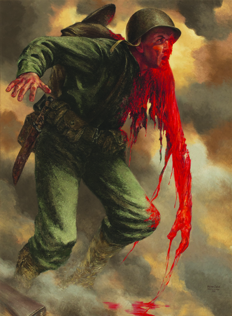 THE PRICE (1944): At a time when war photographers’ combat photos were frequently censored because of graphic content, Lea’s paintings stood out because of their often gut-wrenching quality. Lea’s depiction of a Marine stumbling ashore after his body was shredded by mortar fire is one of the most powerful images of the war. 