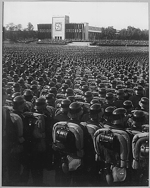 Review of mass assembly of SA, SS, and NSKK troops during the Nazi Party Rally in Nuremberg on November 9, 1935. (National Archives)