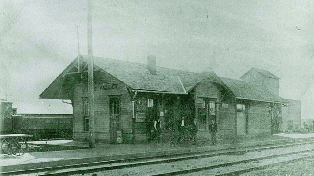 After a failed attempt to board the eastbound train outside town, the three robbers waylaid the westbound train here at Mound Valley Depot. (Kansas State Historical Socity).