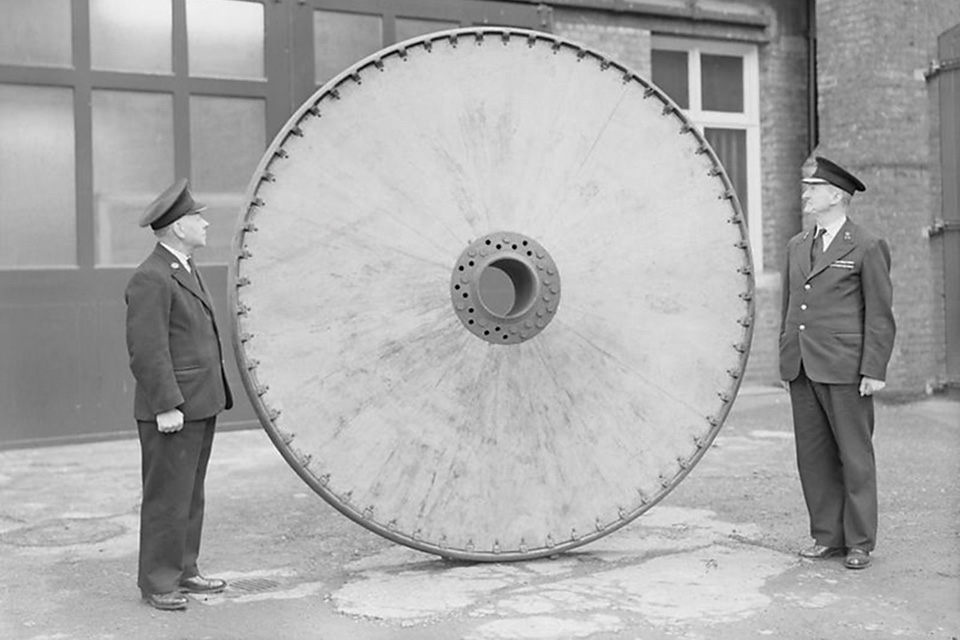 The Poll Giant’s 8-foot plywood wheel, the only surviving piece of the leviathan, is now on display at the Imperial War Museum. (IWM Q69474)