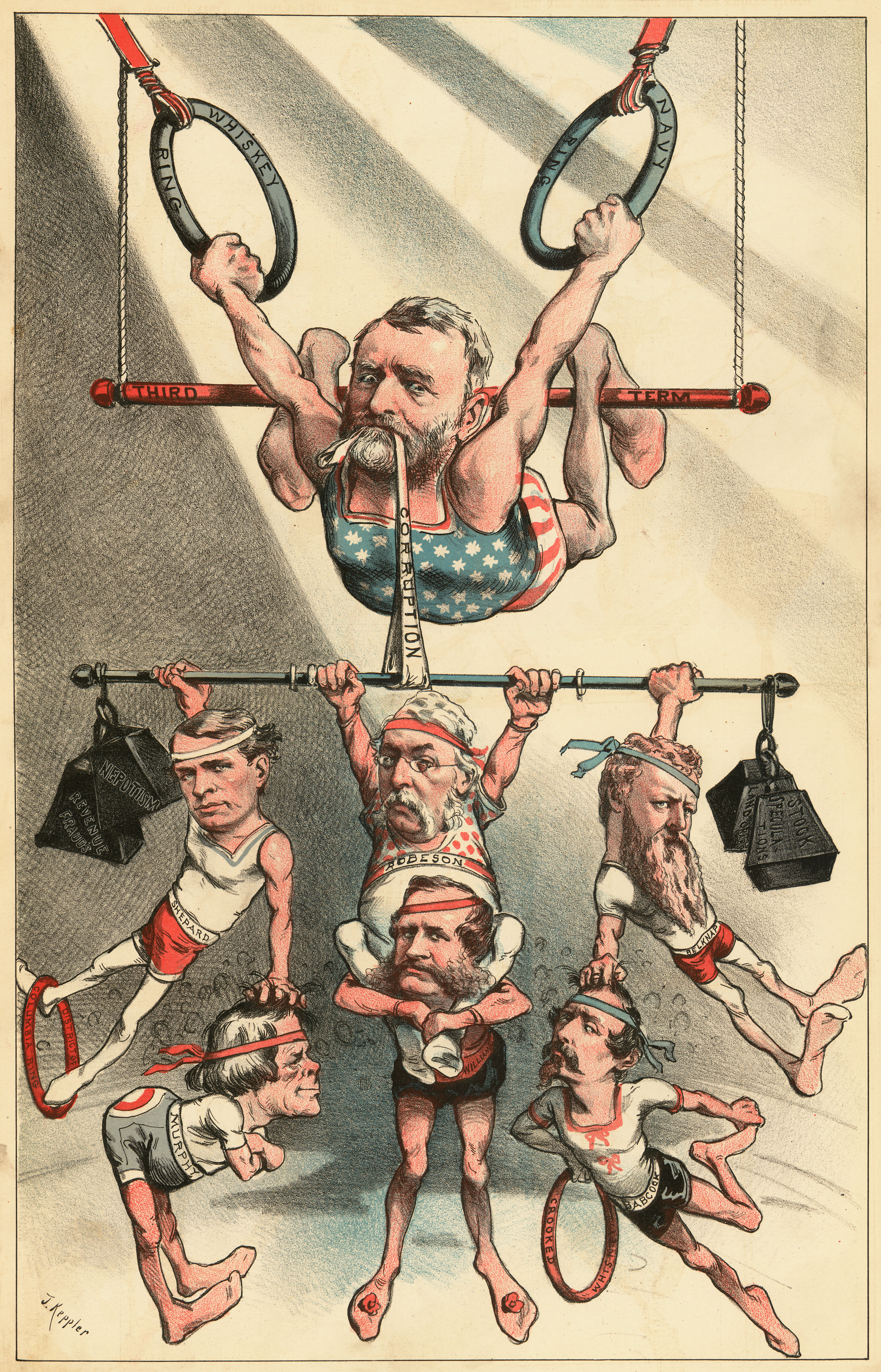 President Grant dressed as a trapeze performer, holds up corrupt members of his administration in this political cartoon from Puck magazine, 1880. (Getty Images)