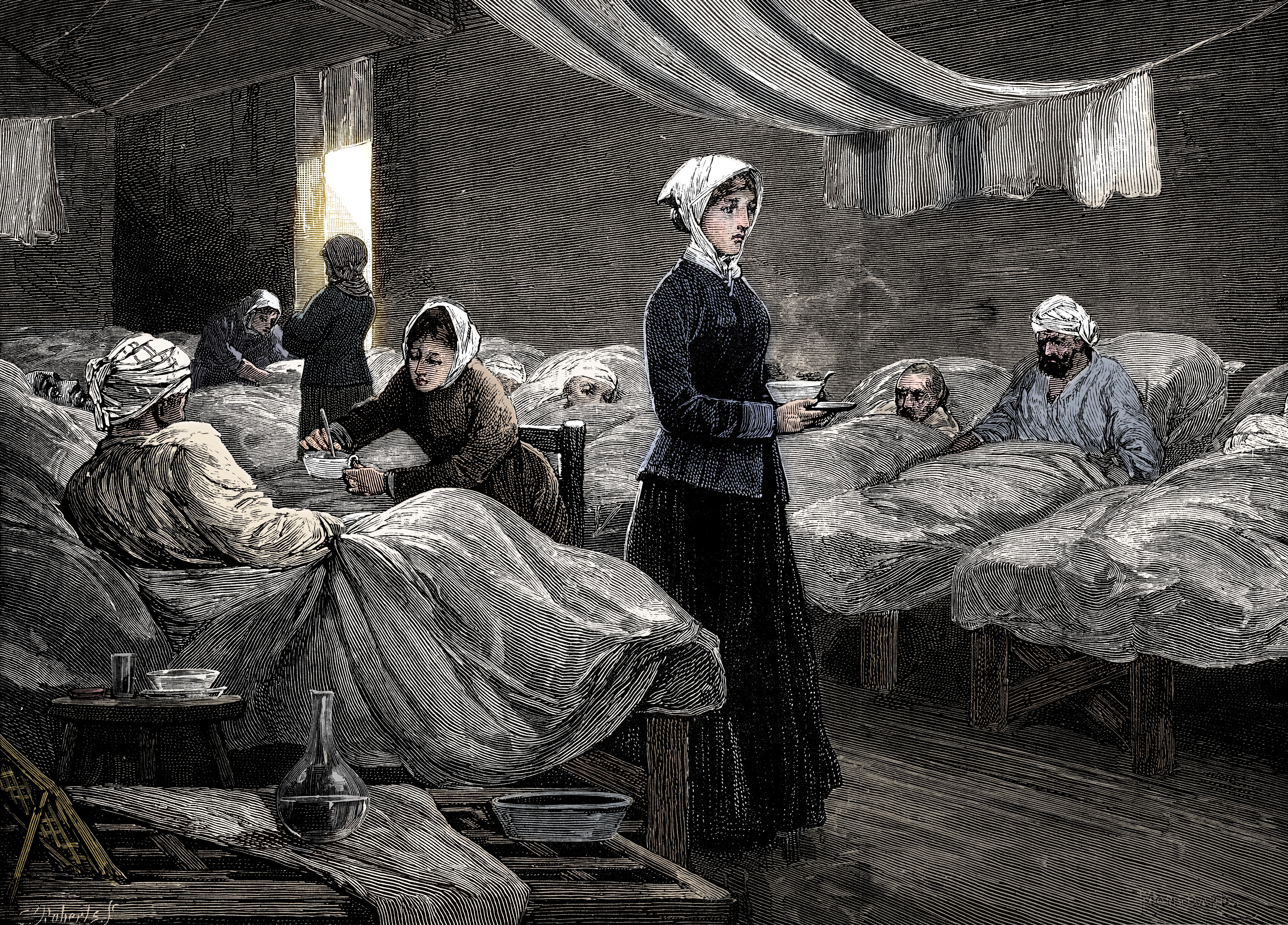 Engraving of Florence Nightingale in the barrack hospital at Scutari, c1880.