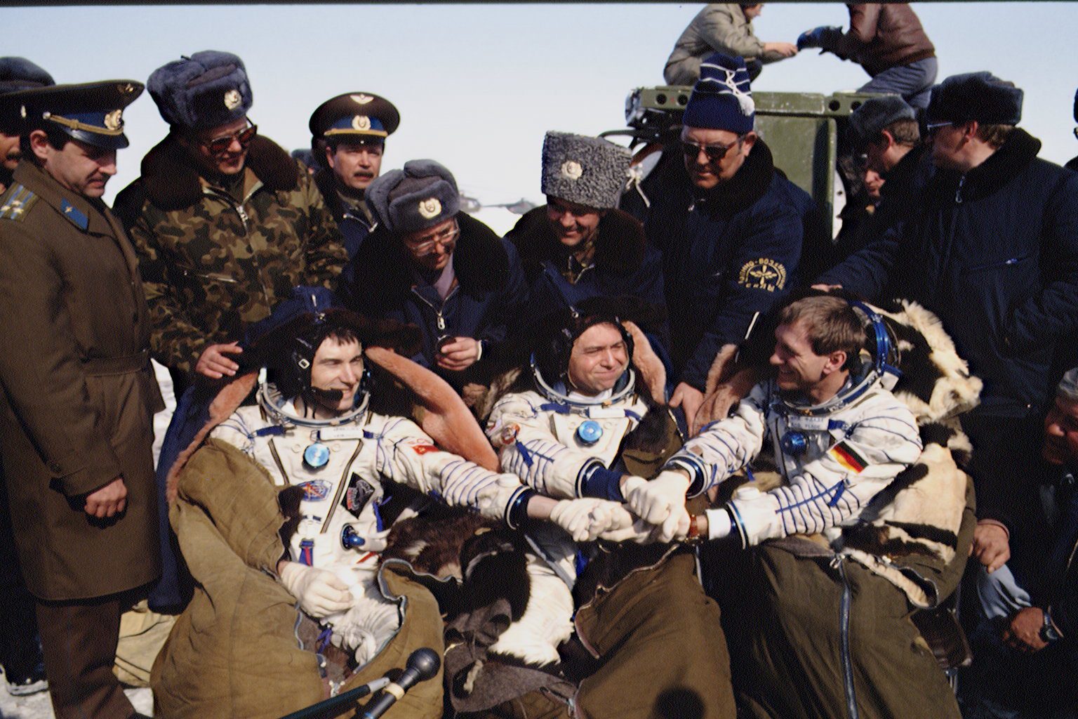 Astronaut Krikalev (left) returns to earth. (Georges DeKeerle/Sygma/Getty Images)