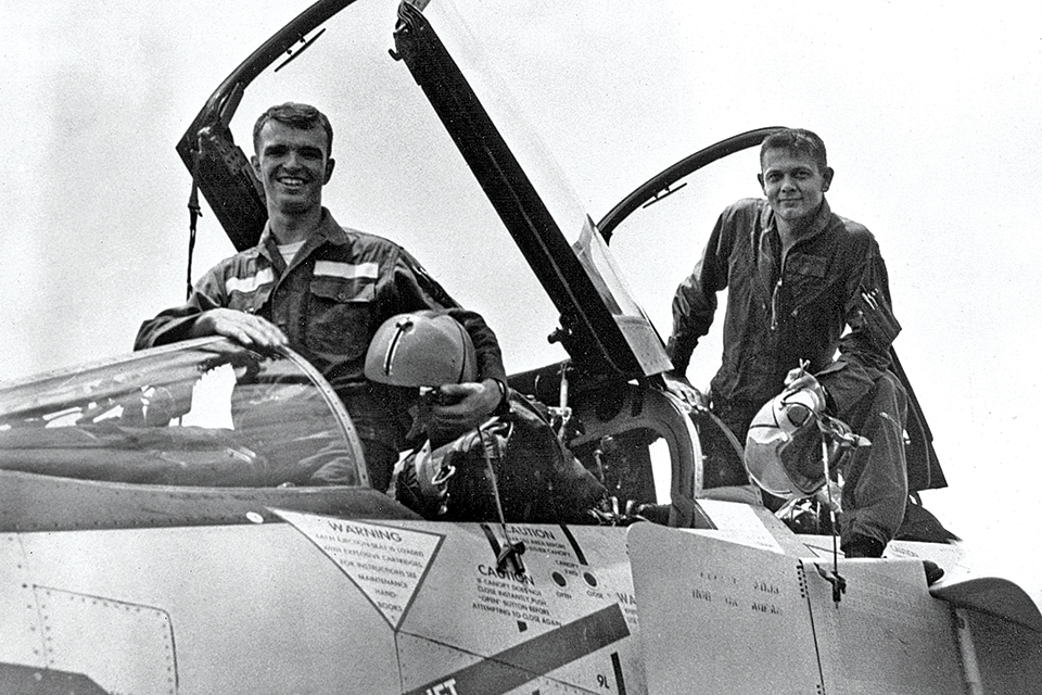 Batson (left) and RIO Doremus pose for a victory photo in their F-4B after returning from their MiG encounter. (U.S. Navy via Batson)