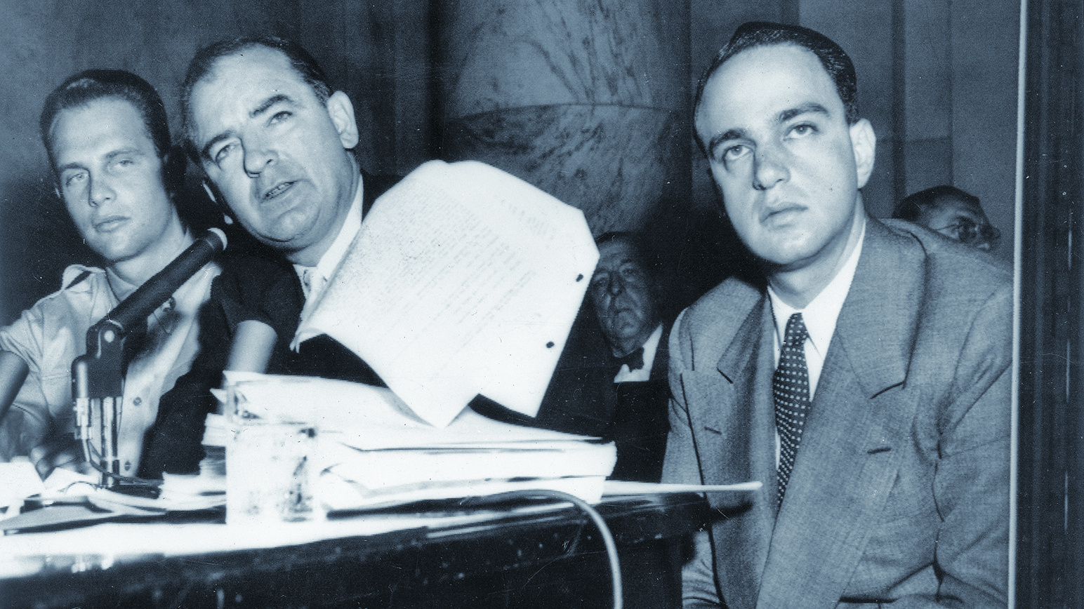 McCarthy during the 1954 Army hearings with aides David G. Schine, left, and Roy Cohn. (Wisconsin Historical Society Image No. 3614)