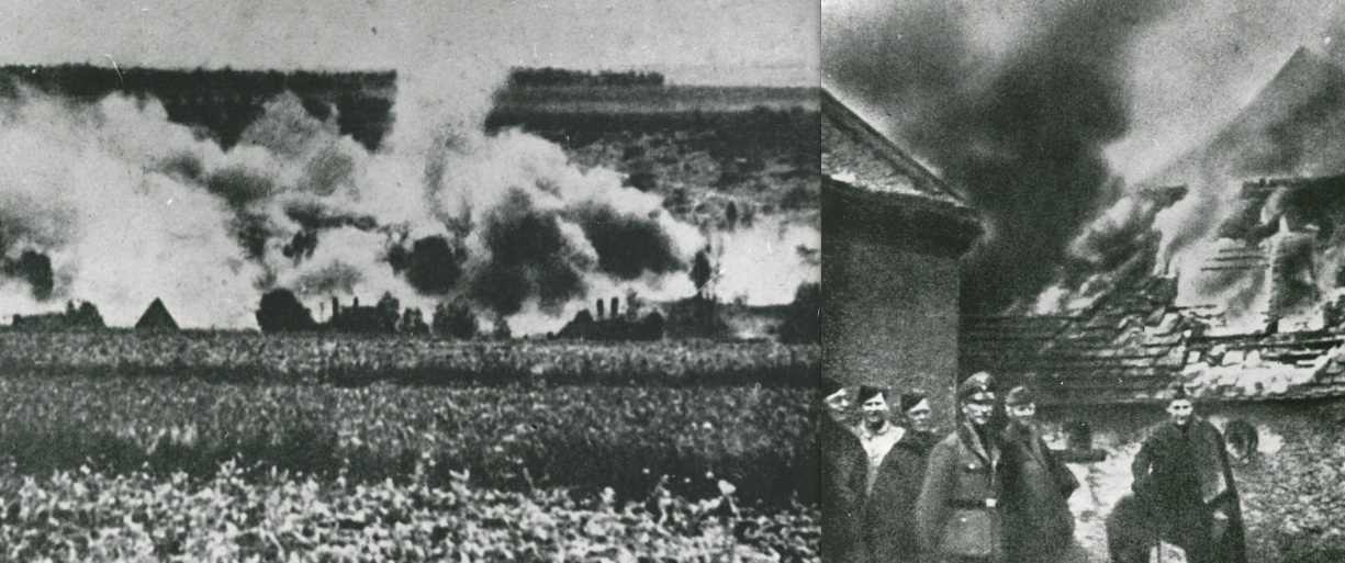Left: The Czech village of Lidice is burned and razed to the ground by the Nazis in 1942 as revenge for Heydrich's death. Right: German soldiers pose for a photo while burning down Lidice. Museum of Danish Resistance 1940-1945.