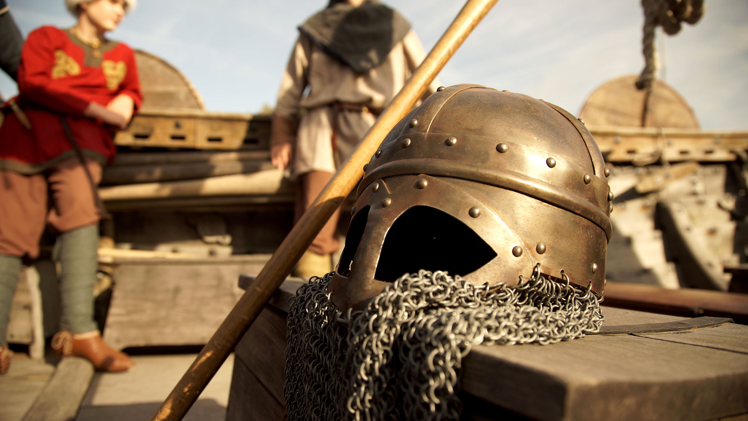Viking helmet and battle gear on board drakkar warship. (Courtesy of Peignoir Prod)