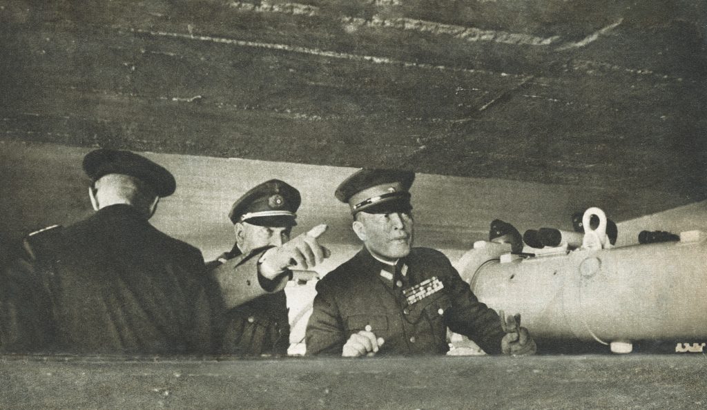 The Japanese ambassador to Nazi Germany, Hiroshi Oshima (right), tours German coastal defenses in Europe in November 1943; able to read Japanese diplomatic code, the U.S. government followed along. (Keystone/Hulton Archive/Getty Images) 