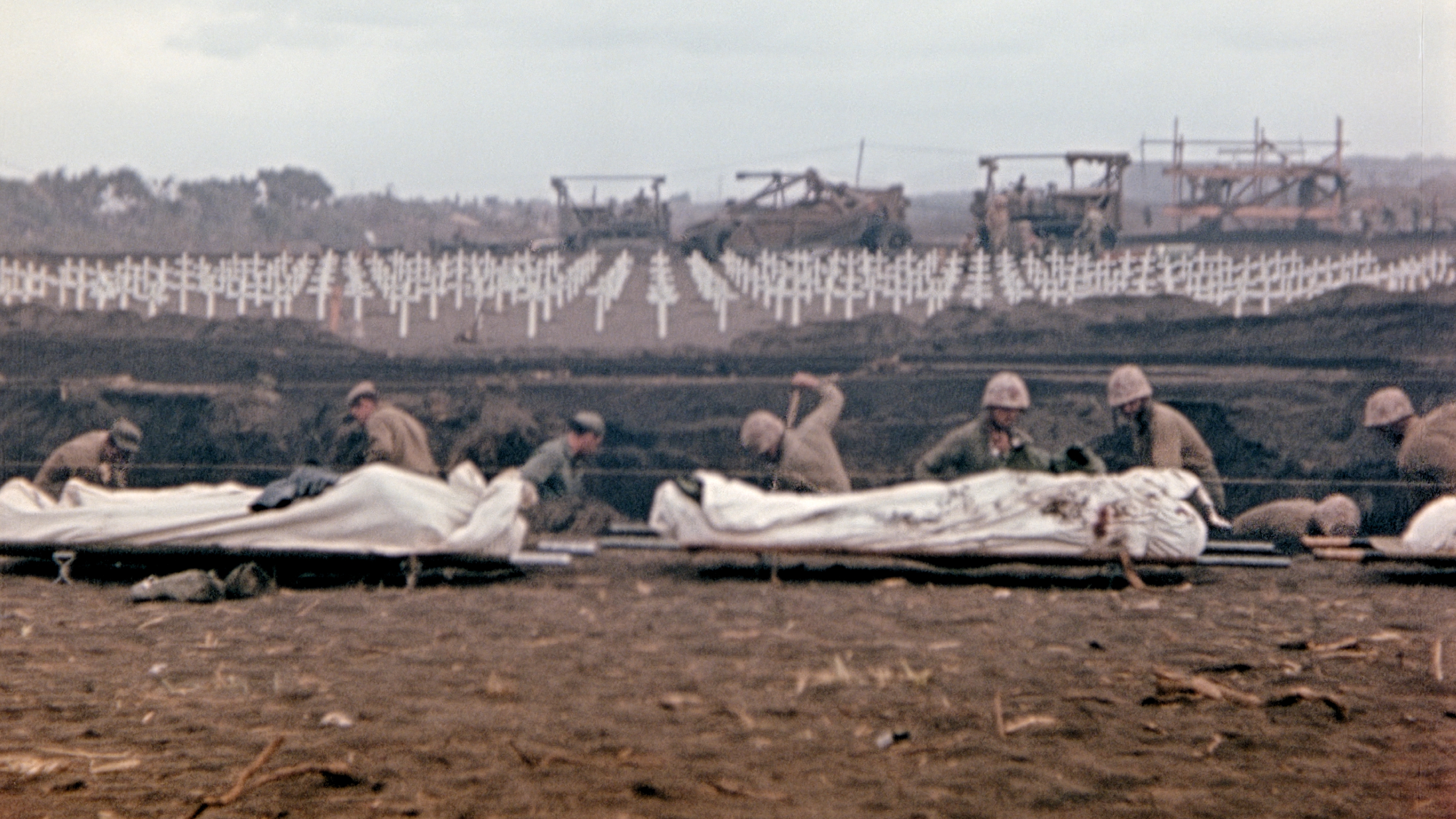 Graves being dug after the Battle of Iwo Jima, spring 1945.