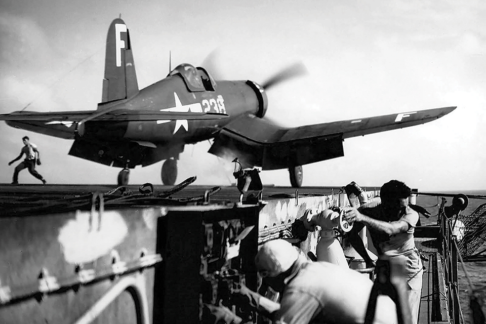 A Vought F4U-1D Corsair of VBF-83 launches from the aircraft carrier USS Essex in August 1945. (Naval History and Heritage Command)