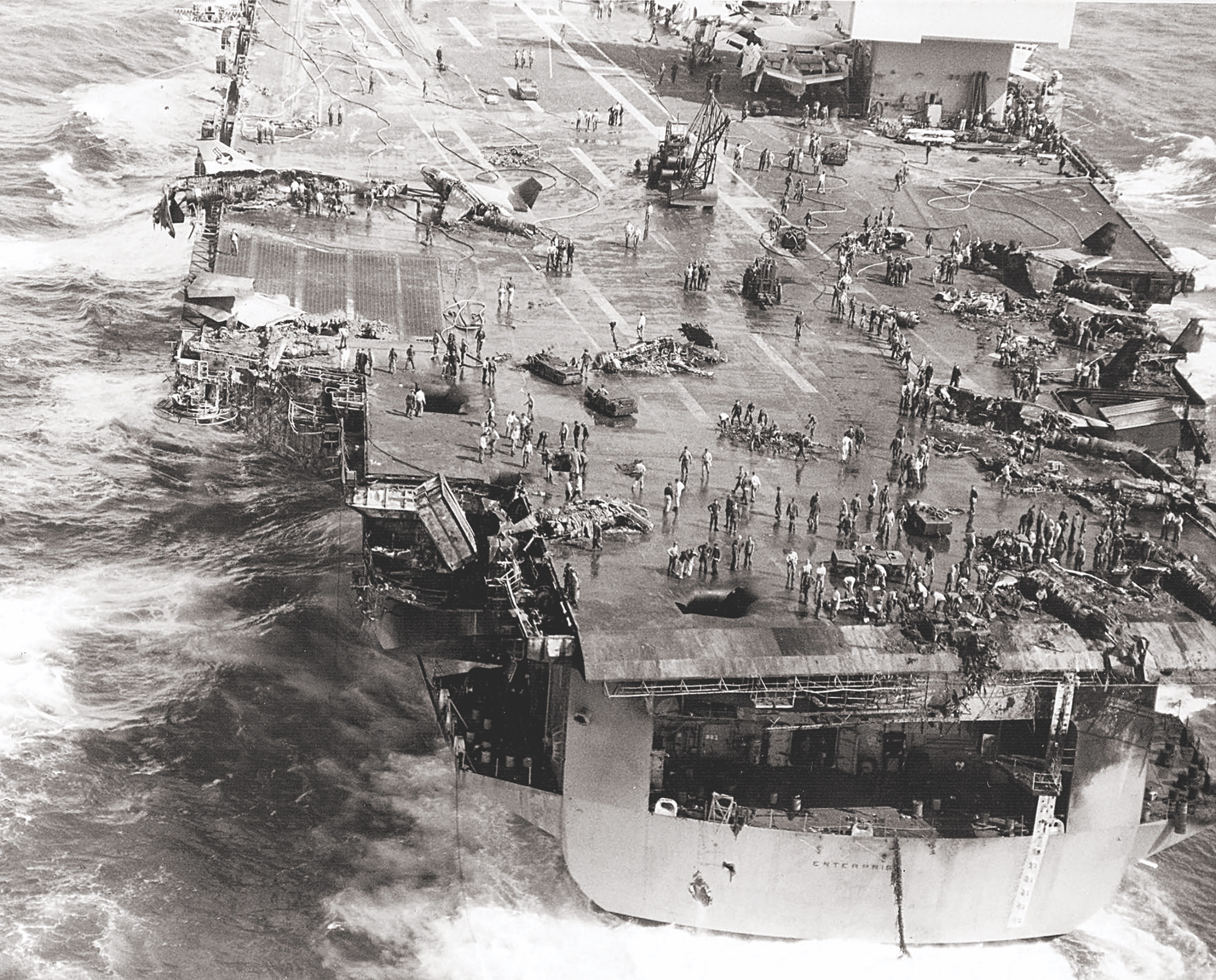 The flight deck of the USS Enterprise following the 1969 fire. 