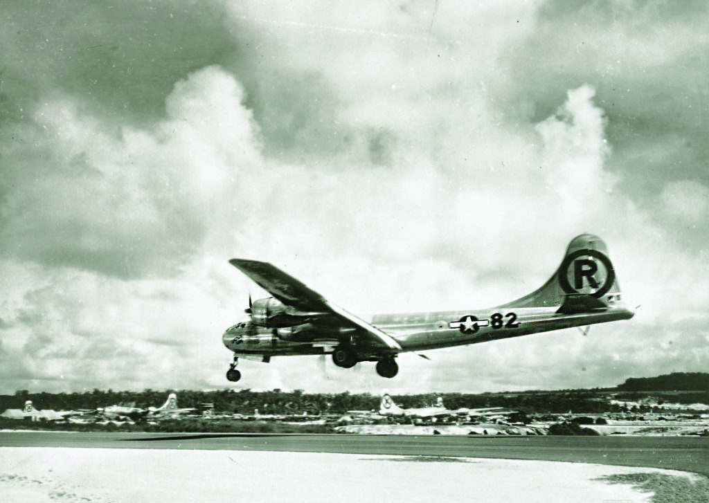 B-29 Superfortress Enola Gay returns to Tinian on August 6, 1945, after dropping the “Little Boy” atomic bomb on Hiroshima, Japan. (National Archives)