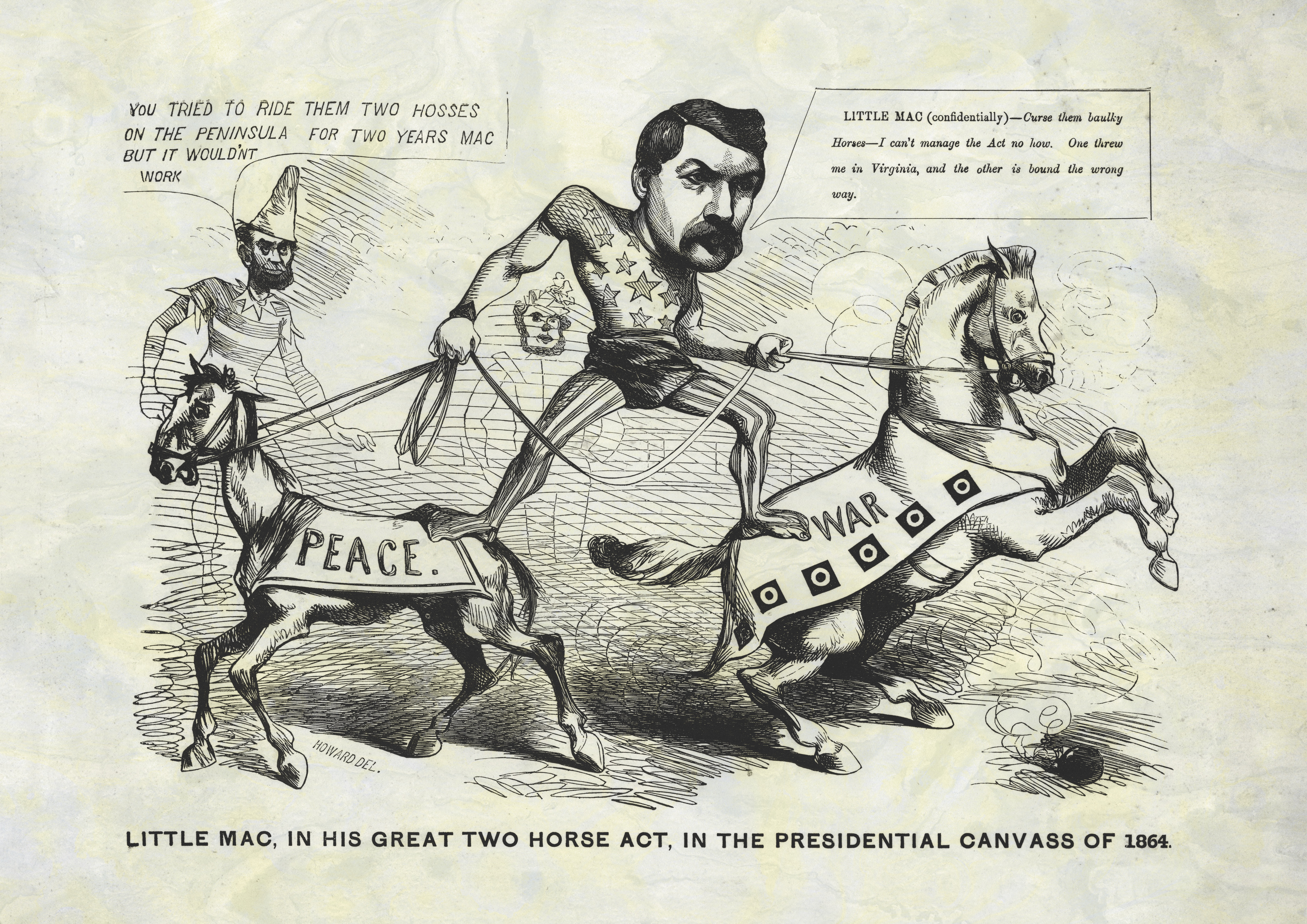 McClellan found himself the subject of scorn in several cartoons leading up to the election for his apparent war and peace duplicity. (Bridgeman Images)