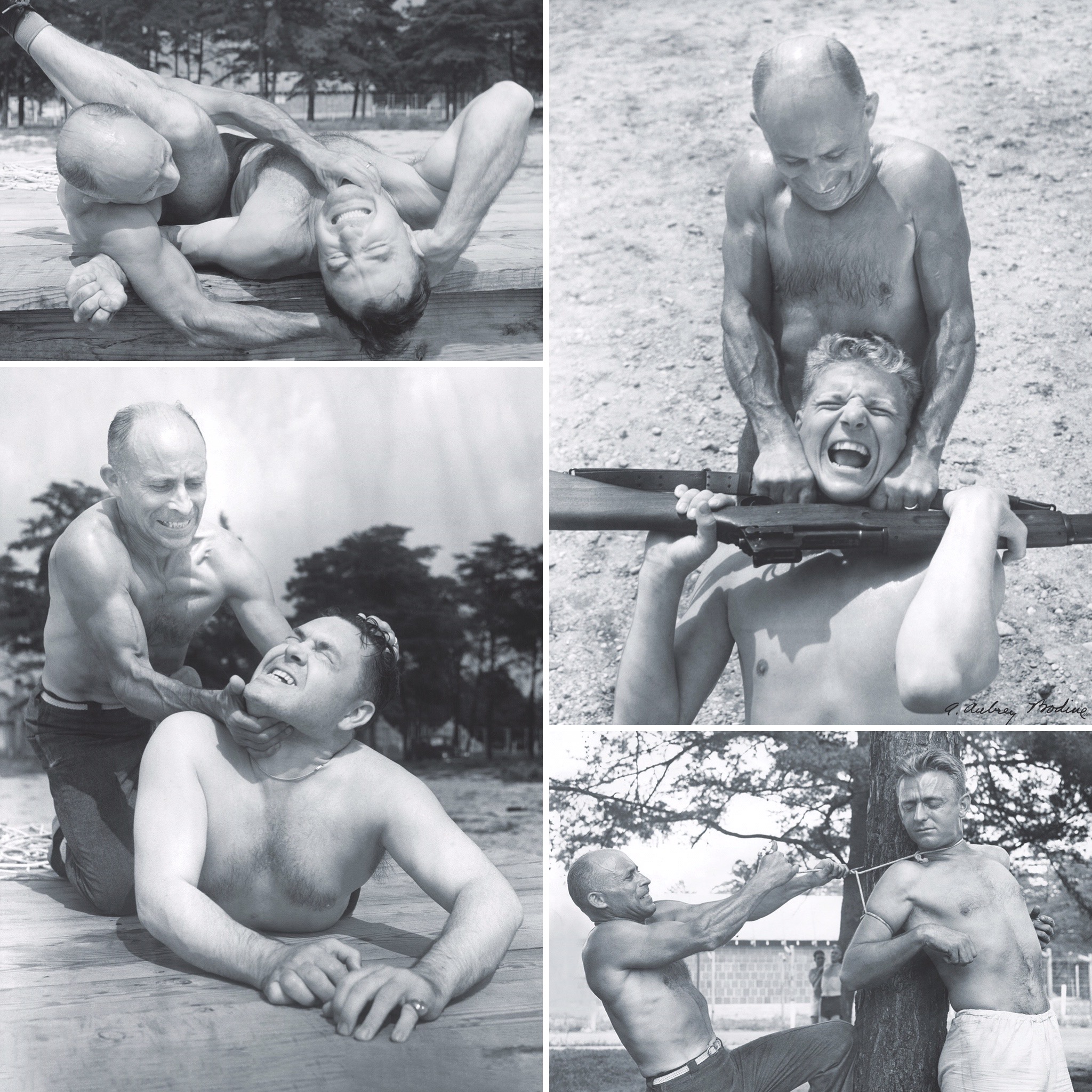D’Eliscu’s deadly moves (clockwise from upper left): pinching windpipe while pulling hair; using rifle sling as garrote; neck-breaking tree tie; combined leg break and stranglehold.(A. Aubrey Bodine)