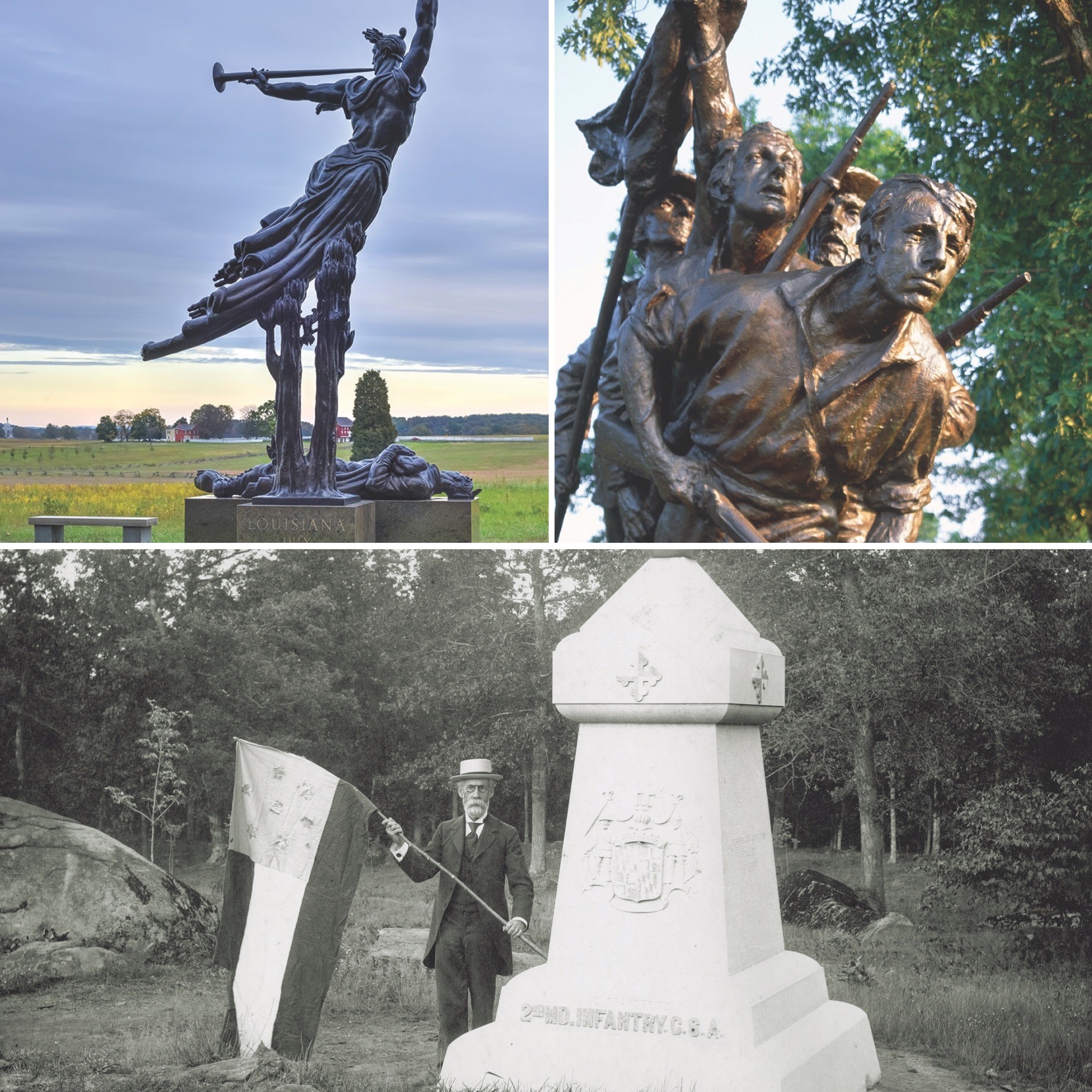Clockwise from upper left: Louisiana’s monument is titled “Spirit Triumphant”; on North Carolina’s monument, Tar Heel soldiers forever seek an elusive victory; a veteran of the 1st Maryland Infantry (CSA) poses next to his regiment’s renumbered monument on Culp’s Hill. (Felix Lipov/Alamy Stock Photo; Patti McConville/Alamy Stock Photo; Courtesy of Adams County Historical Society)