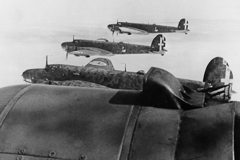 Italian air force Fiat B.R.20 Cigogna (Stork) bombers fly from their bases in Belgium on a mission to England during the Battle of Britain. (Ullstein Bild/Getty Images)